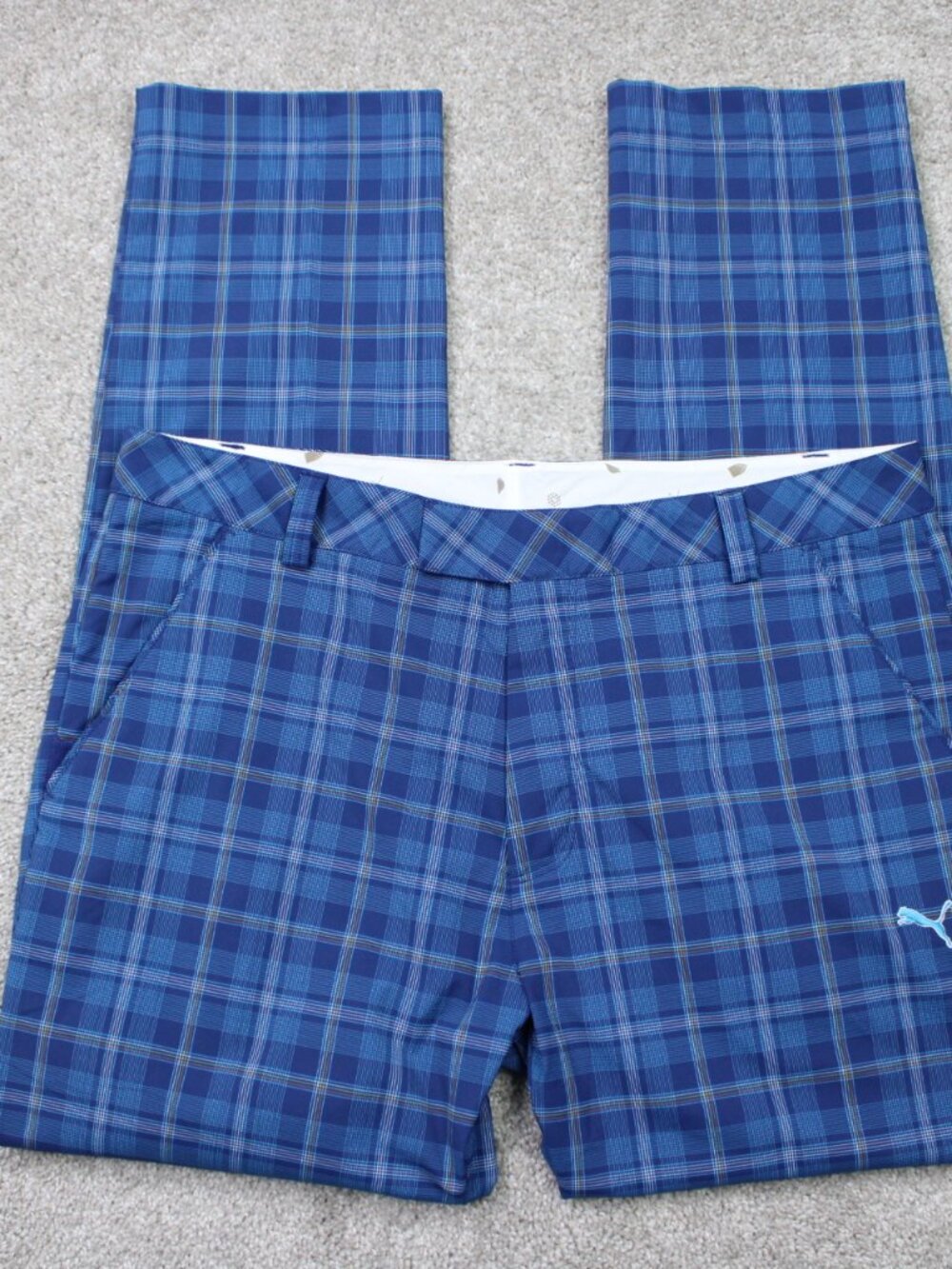 Puma Golf Pants Mens 36x32 Blue Plaid Tech Polyester Stretch Straight Leg Preppy